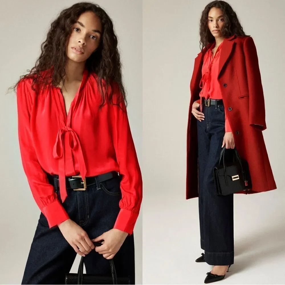 NWT J CREW Tie-neck top in crepe de chine in red